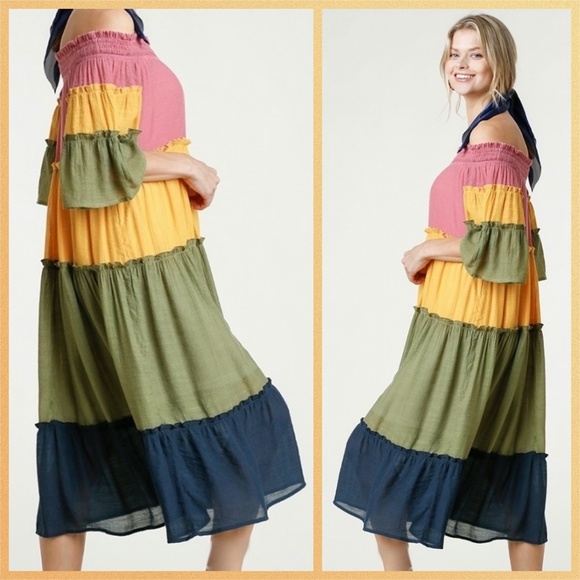 Umgee Colorblock Off Shoulder Tiered Ruffled Dress - Picture 5 of 13